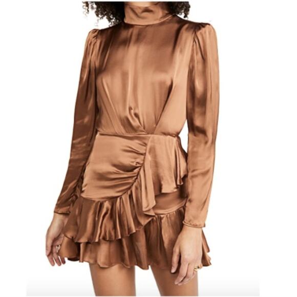 IRO Osiam Satin Ruffle Mini Dress in Camel - Picture 1 of 8